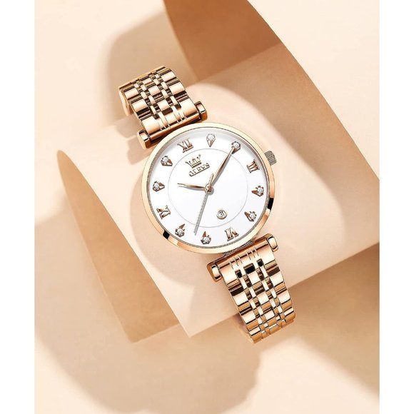 Women Rose Gold Stainless Steel Band White Dial Quartz Small Face Watch
